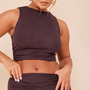 PRETTY LITTLE THING Brown Jersey Ruched Side Sleeveless Crop Top | Size …
